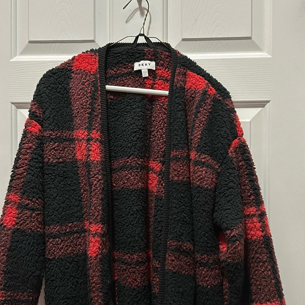 DKNY Sherpa flannel plaid sweater